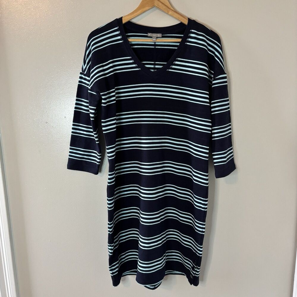 Talbots UPF 50+ Navy Striped Dress 3/4 Sleeve Cotton Modal V-neck Size Medium